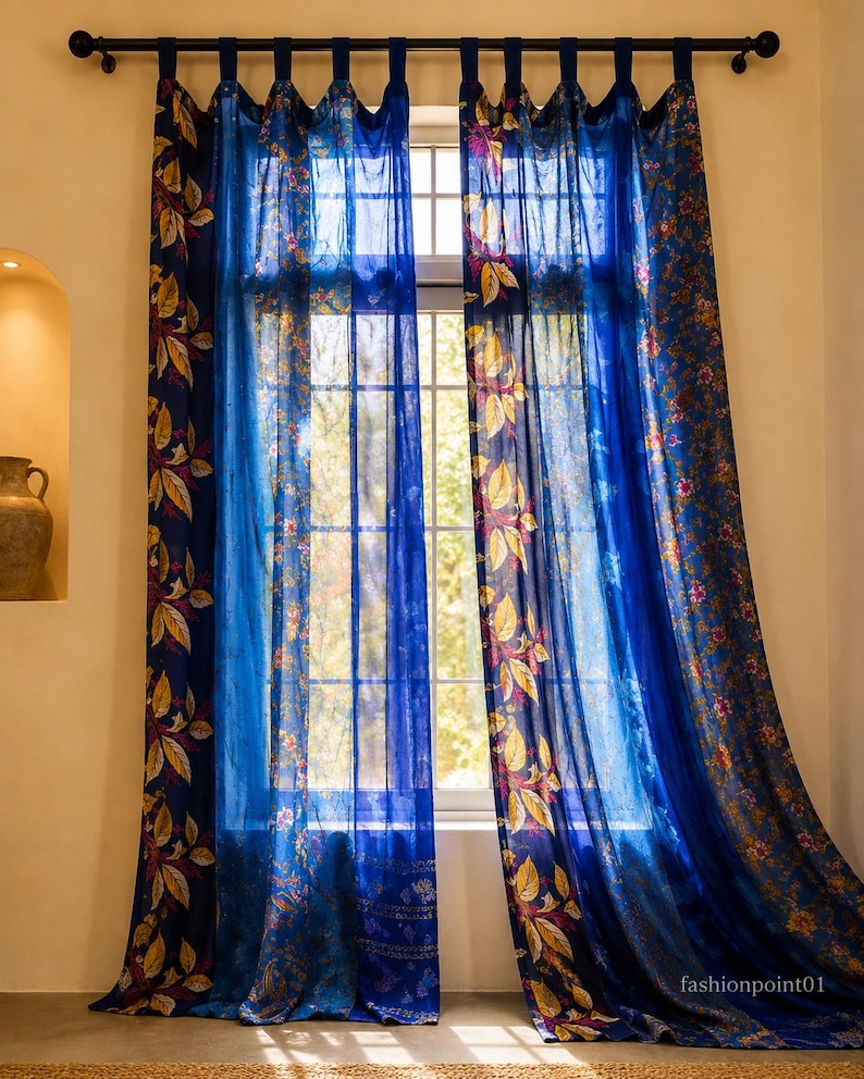 Vintage Silk Sari Curtain, Boho Window Curtain, Handmade Patchwork Curtain Panel, Indian Silk Window Treatment, Tab Top Door Curtain Blue