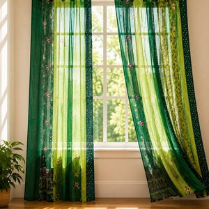 Indian Handmade Silk Sari Curtain Vintage Boho Window Drape Colorful Patchwork Panel Recycled Sari Home Decor Bohemian Green