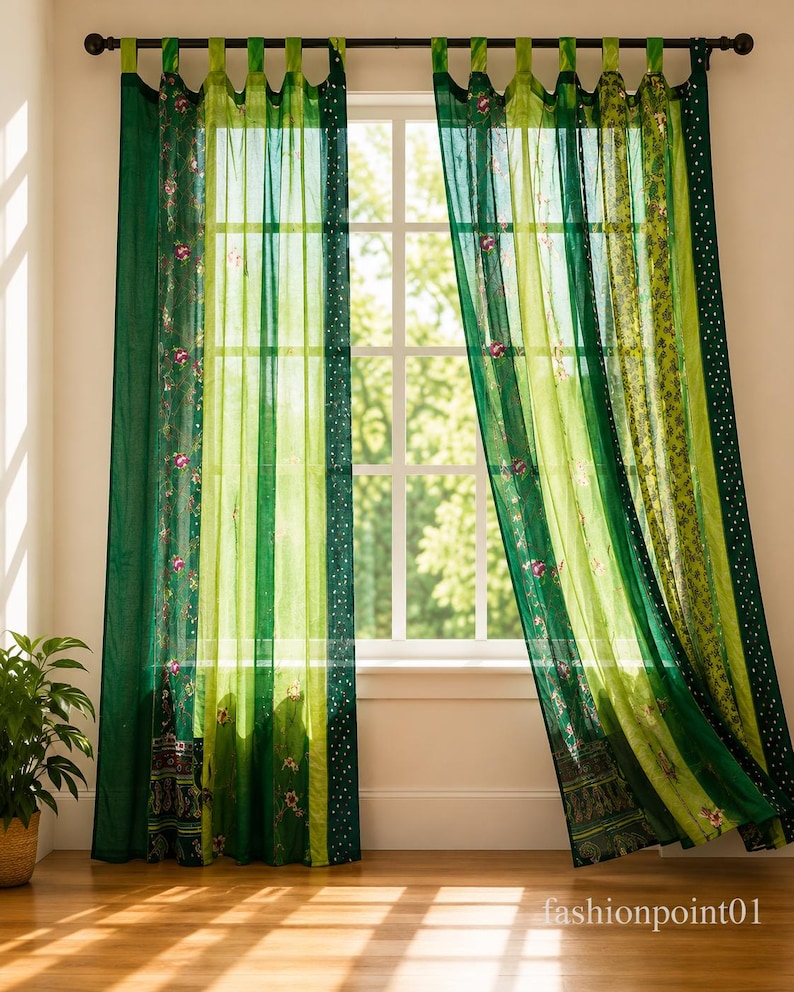 Indian Handmade Silk Sari Curtain Vintage Boho Window Drape Colorful Patchwork Panel Recycled Sari Home Decor Bohemian Green