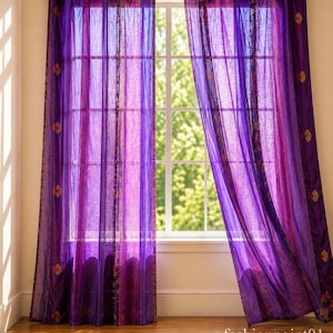 Indian Handmade Silk Sari Curtain Vintage Boho Window Drape Colorful Patchwork Panel Recycled Sari Home Decor Bohemian Purple