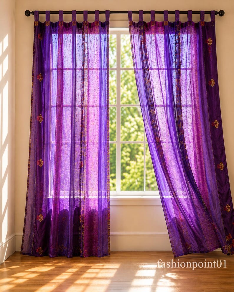 Indian Handmade Silk Sari Curtain Vintage Boho Window Drape Colorful Patchwork Panel Recycled Sari Home Decor Bohemian Purple