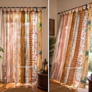 Indian Handmade Silk Sari Curtain Vintage Boho Window Drape Colorful Patchwork Panel Recycled Sari Home Decor Bohemian Beige
