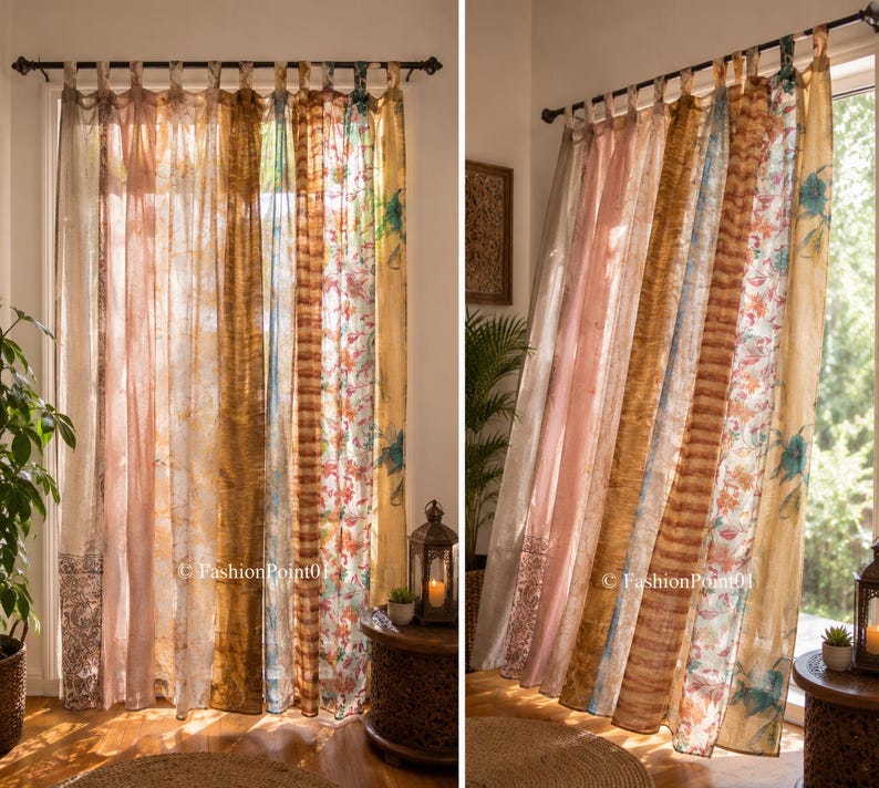 Indian Handmade Silk Sari Curtain Vintage Boho Window Drape Colorful Patchwork Panel Recycled Sari Home Decor Bohemian Beige