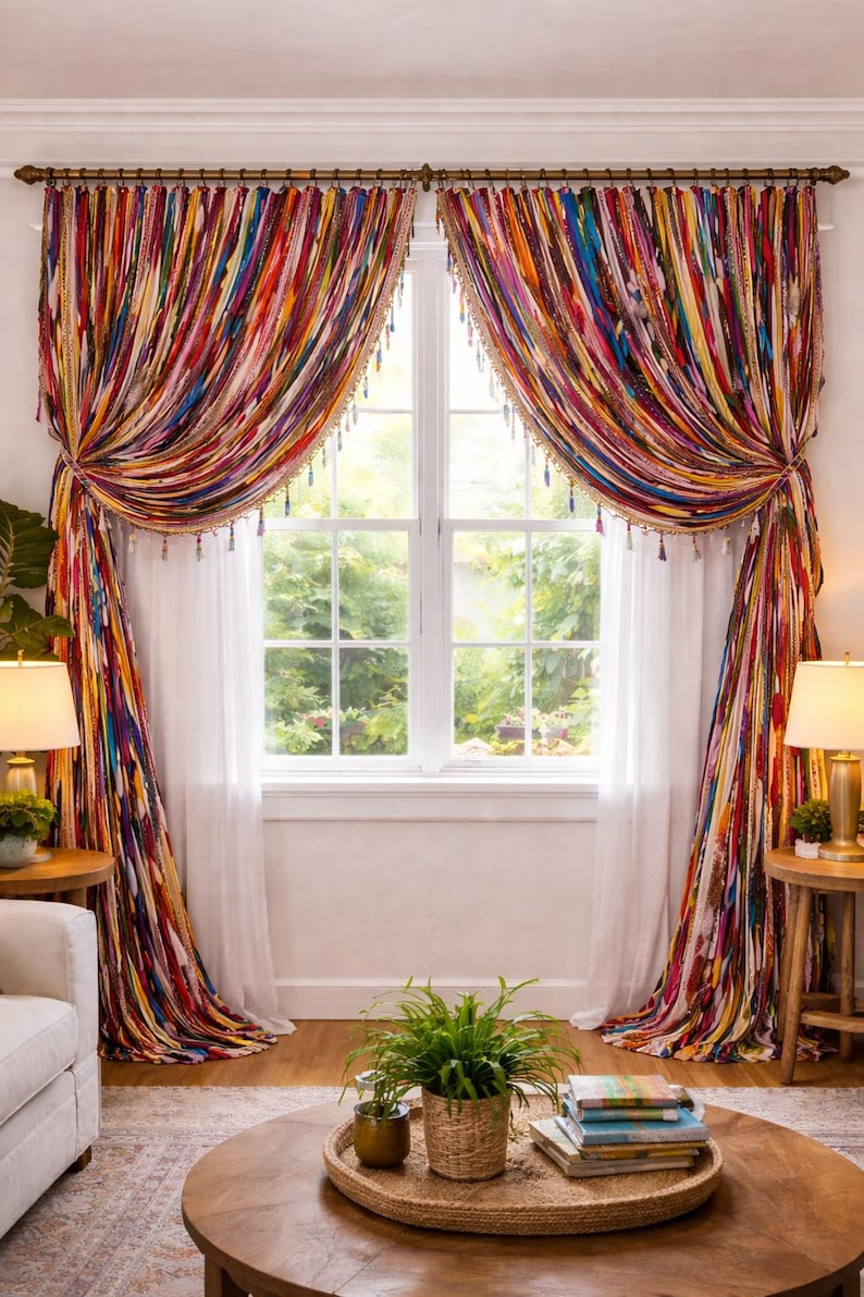 Puede incluir: Cortinas coloridas de estilo bohemio con rayas verticales en tonos rojos, naranjas, amarillos, azules y verdes. Las cortinas est&aacute;n atadas, revelando una cortina blanca transparente. La ventana est&aacute; enmarcada por una moldura blanca.
