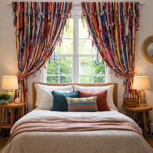 Puede incluir: Una habitaci&oacute;n con una cama con ropa de cama blanca, cojines turquesa y rojos y una manta marr&oacute;n claro. Las coloridas cortinas con flecos hechas de tiras de tela son el elemento principal. Dos mesitas de noche de madera con l&aacute;mparas flanquean la cama.