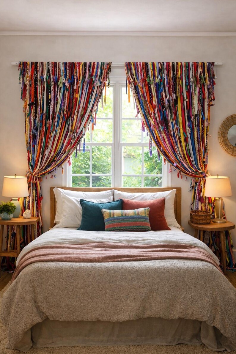 Puede incluir: Una habitaci&oacute;n con una cama con ropa de cama blanca, cojines turquesa y rojos y una manta marr&oacute;n claro. Las coloridas cortinas con flecos hechas de tiras de tela son el elemento principal. Dos mesitas de noche de madera con l&aacute;mparas flanquean la cama.