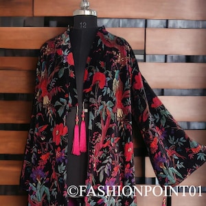 Black Bird Velvet Kimono Robe: Hand-Printed Cotton Banyan