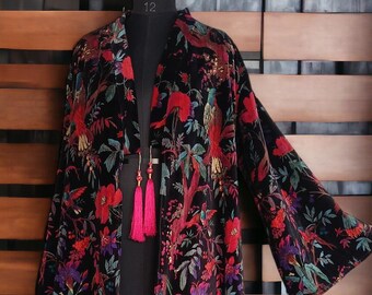 Black Bird Velvet Kimono Robe: Hand-Printed Cotton Banyan