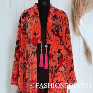 OFMD Boho fågelmönstrad bomulls kimono-morgonrock, orange lång banyan med tofsar, handgjord loungekläder, unik festivalmorgonrock