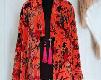 OFMD Boho Bird Print Cotton Kimono Robe, Orange Long Banyan with Tassels, Handmade Lounge Wear, Unique Festival Dressing Gown