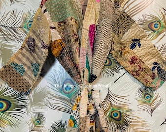 Handmade Silk Kantha Patchwork Kimono Robe: Beige Indian Jacket