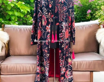 Blue Floral Velvet Kimono Robe: OFMD Inspired Cotton Banyan with Tassels