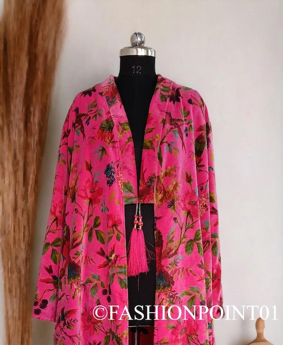 Pink Velvet Kimono Robe Women, Floral Bird Print Dressing Gown, Boho Velvet Kaftan, Bridal Robe, Luxury Loungewear, Gift for Her