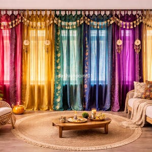 Cortinas de sari de seda india, estilo boho patchwork vintage, coloridas, para ventanas, decoración del hogar.