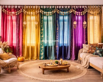 Indiska sidensarigardiner Boho lapptäcke Vintage färgglada fönstergardiner heminredningspaneler