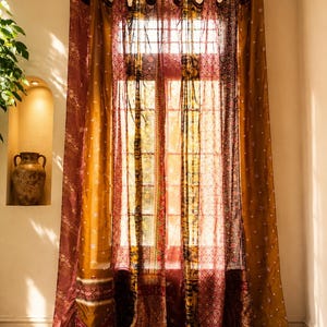 Vintage Silk Sari Curtain, Boho Window Curtain, Handmade Patchwork Curtain Panel, Indian Silk Window Treatment, Tab Top Door Curtain Brown