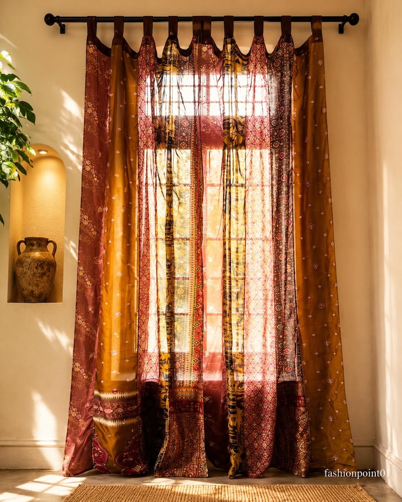 Vintage Silk Sari Curtain, Boho Window Curtain, Handmade Patchwork Curtain Panel, Indian Silk Window Treatment, Tab Top Door Curtain Brown