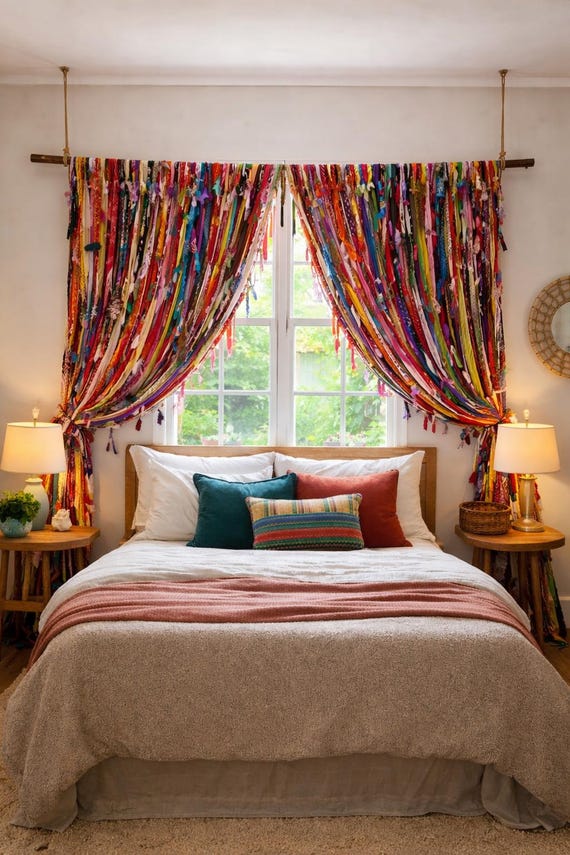 bohemain gypsy Rag Strip curtains colourful Sari fabric window drapes Hippie boho home decor indian handmade indian curtain panels