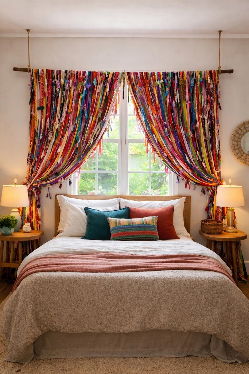 Puede incluir: Una habitaci&oacute;n con una cama con ropa de cama blanca, cojines color turquesa y &oacute;xido, y una manta coral. El punto focal es la colorida cortina con flecos hecha de tiras de tela. Mesitas de noche de madera con l&aacute;mparas a ambos lados de la cama.