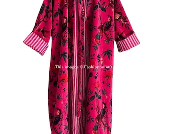 OFMD Bird Print Velvet Kimono Robe: Long Cotton Banyan