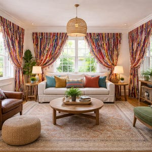 Puede incluir: Un sal&oacute;n de estilo bohemio. La habitaci&oacute;n cuenta con un sof&aacute; blanco con cojines coloridos, un sill&oacute;n de cuero marr&oacute;n y un sill&oacute;n verde. Las ventanas est&aacute;n cubiertas con cortinas coloridas y una mesa de centro redonda de madera est&aacute; en el centro.