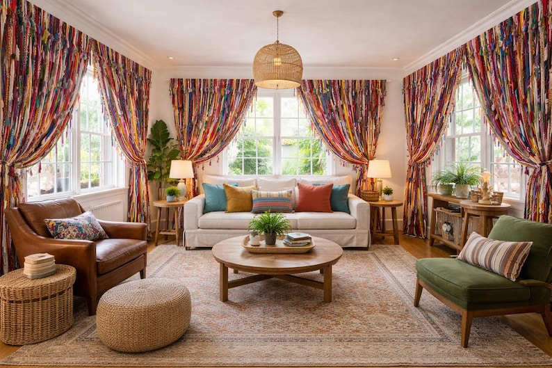 Puede incluir: Un sal&oacute;n de estilo bohemio. La habitaci&oacute;n cuenta con un sof&aacute; blanco con cojines coloridos, un sill&oacute;n de cuero marr&oacute;n y un sill&oacute;n verde. Las ventanas est&aacute;n cubiertas con cortinas coloridas y una mesa de centro redonda de madera est&aacute; en el centro.