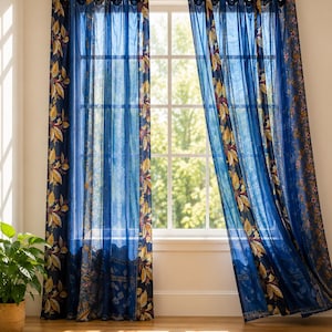 Indian Handmade Silk Sari Curtain Vintage Boho Window Drape Colorful Patchwork Panel Recycled Sari Home Decor Bohemian Blue
