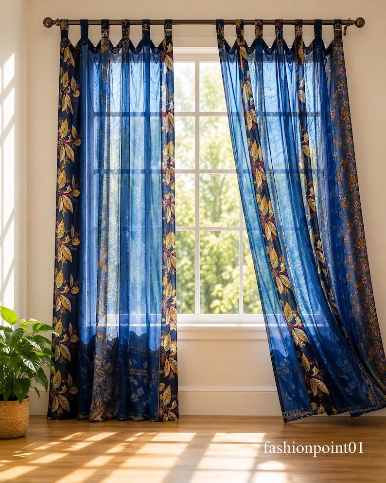 Indian Handmade Silk Sari Curtain Vintage Boho Window Drape Colorful Patchwork Panel Recycled Sari Home Decor Bohemian Blue