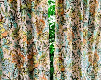 Cortina de algodón con estampado de bloques indios hecha a mano: decoración floral bohemia