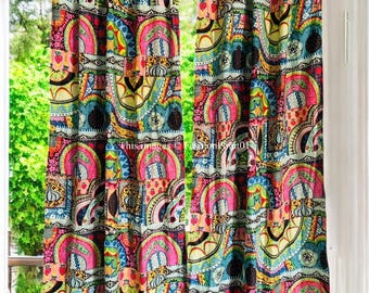 Cortina de algodón con estampado de bloques indios: decoración floral bohemia para ventanas