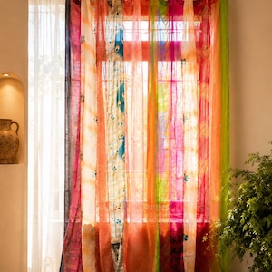 Vintage Silk Sari Curtain, Boho Window Curtain, Handmade Patchwork Curtain Panel, Indian Silk Window Treatment, Tab Top Door Curtain Multicolor