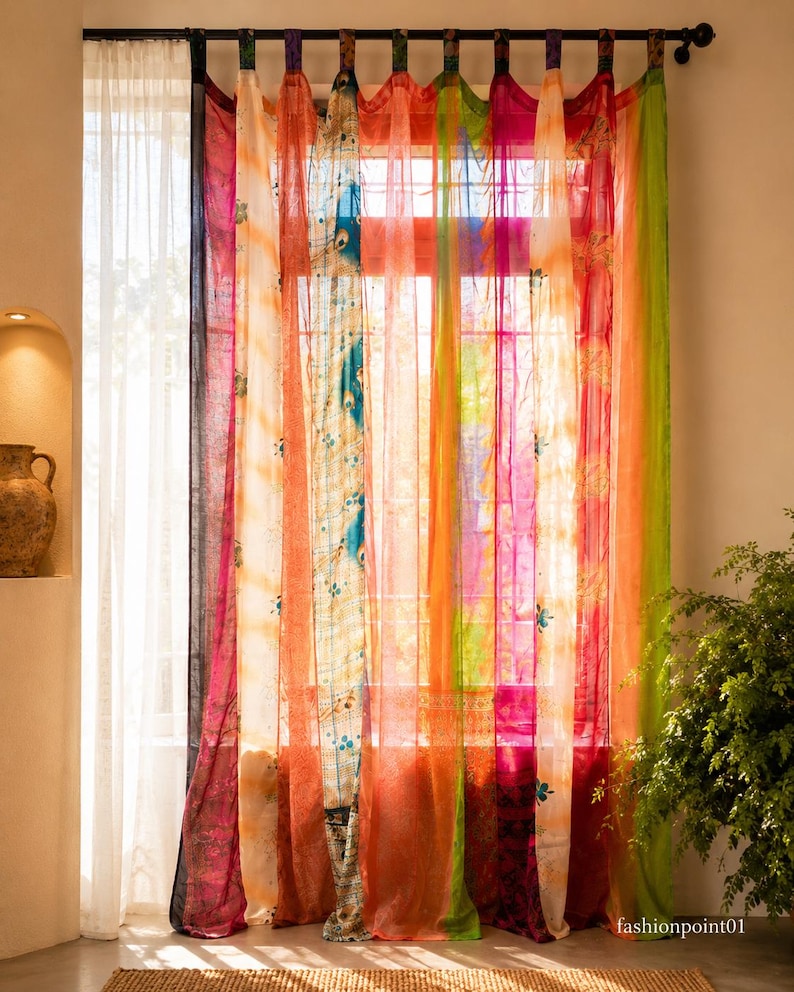 Vintage Silk Sari Curtain, Boho Window Curtain, Handmade Patchwork Curtain Panel, Indian Silk Window Treatment, Tab Top Door Curtain Multicolor