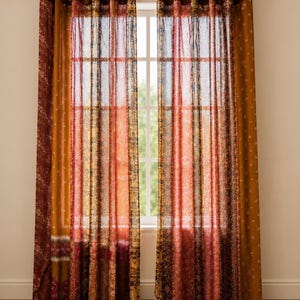 Ręcznie robiona indyjska jedwabna zasłona sari w stylu vintage boho, kolorowa, patchworkowa, panel z recyklingu, dekoracja do domu boho