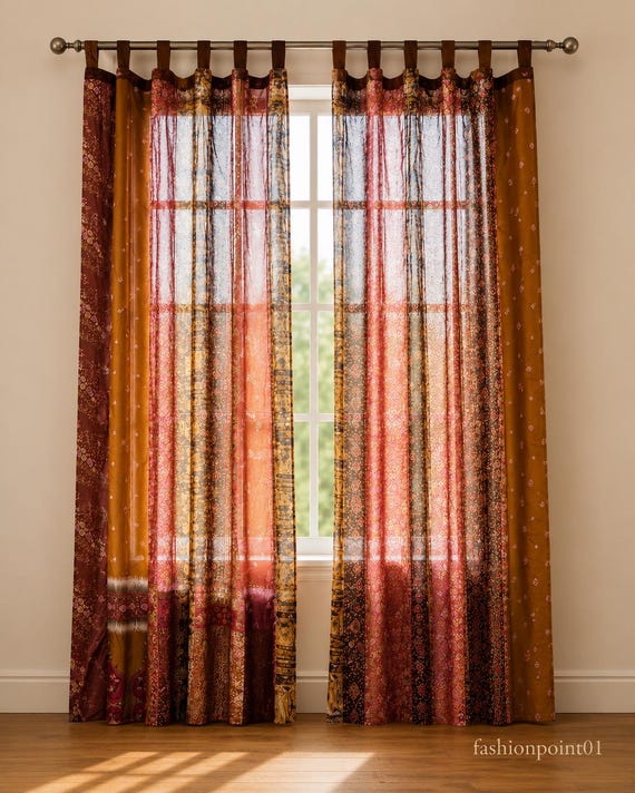 Indian Handmade Silk Sari Curtain Vintage Boho Window Drape Colorful Patchwork Panel Recycled Sari Home Decor Bohemian