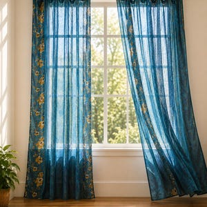 Indian Handmade Silk Sari Curtain Vintage Boho Window Drape Colorful Patchwork Panel Recycled Sari Home Decor Bohemian Turquoise