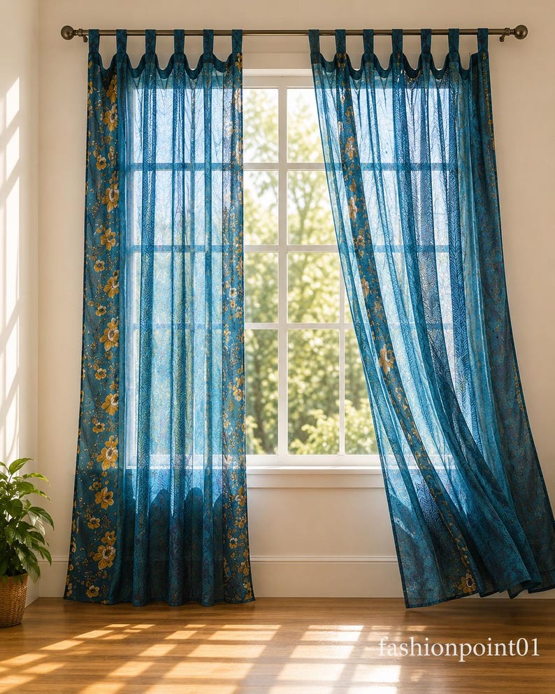Indian Handmade Silk Sari Curtain Vintage Boho Window Drape Colorful Patchwork Panel Recycled Sari Home Decor Bohemian Turquoise