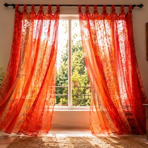 Indian Handmade Silk Sari Curtain Vintage Boho Window Drape Colorful Patchwork Panel Recycled Sari Home Decor Bohemian Orange