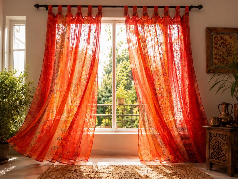 Indian Handmade Silk Sari Curtain Vintage Boho Window Drape Colorful Patchwork Panel Recycled Sari Home Decor Bohemian Orange