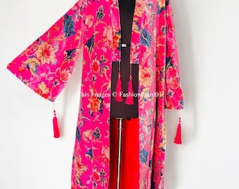 Pink Floral Velvet Kimono Robe: OFMD Inspired Cotton Banyan with Tassels