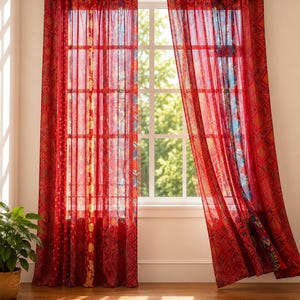 Indian Handmade Silk Sari Curtain Vintage Boho Window Drape Colorful Patchwork Panel Recycled Sari Home Decor Bohemian Red