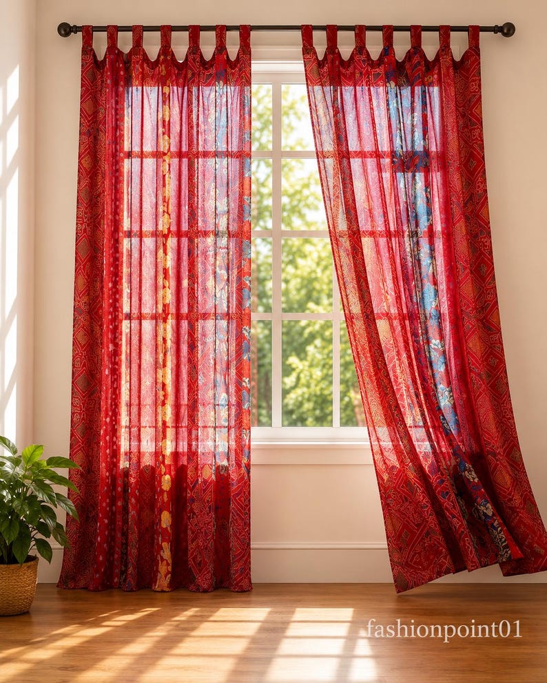 Indian Handmade Silk Sari Curtain Vintage Boho Window Drape Colorful Patchwork Panel Recycled Sari Home Decor Bohemian Red