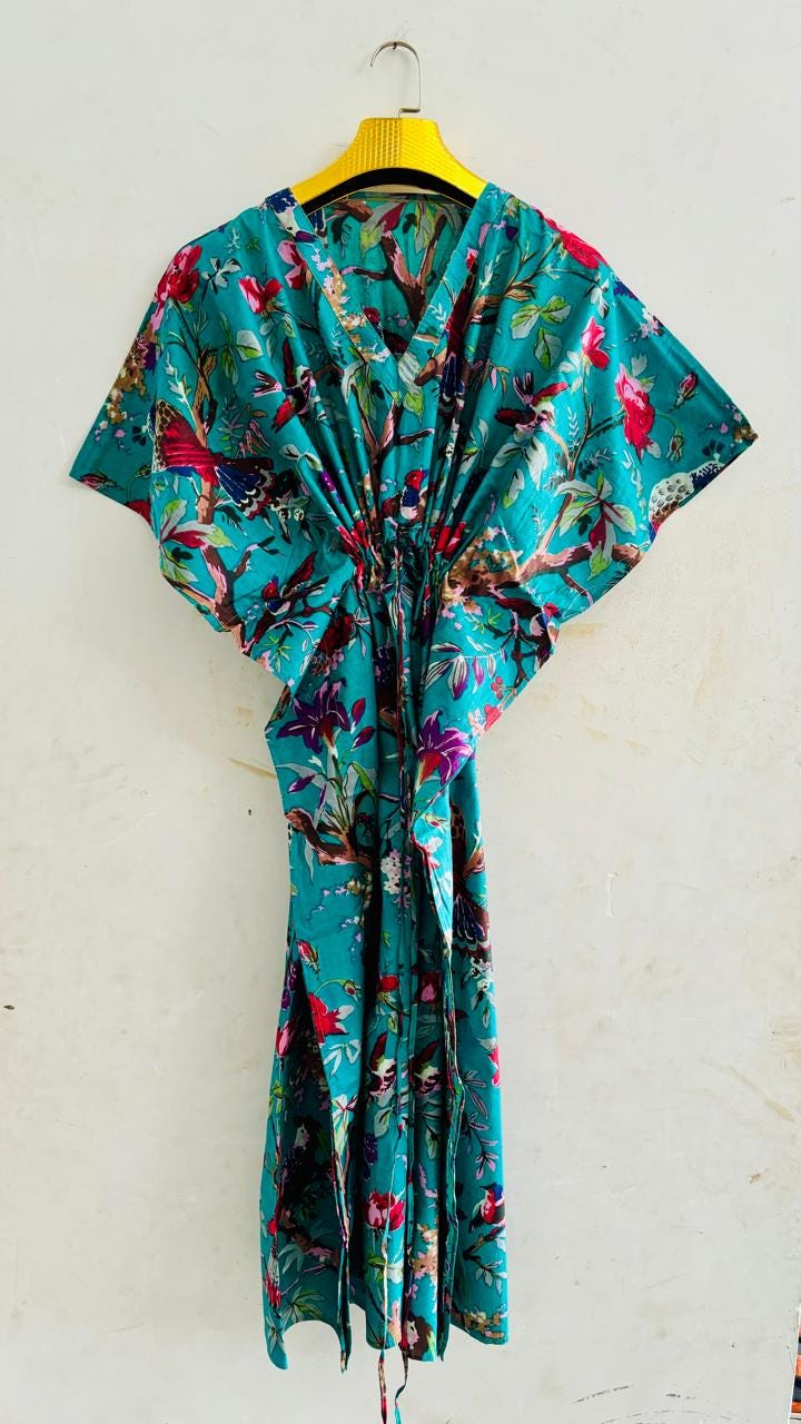 India Bird Printed 100% Cotton Kaftan, Cotton Kaftan, Free Size kaftan, Long Cotton Kaftan, Soft Cotton Kaftan, Green Kaftan Dress