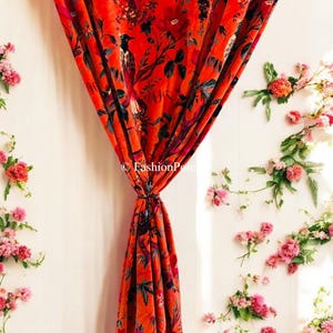 Indian Bird Printed Cotton Velvet Luxury Curtain, Boho Curtain, Luxury Drapes Housewarming gift, Room Decor Curtain, Window Decor