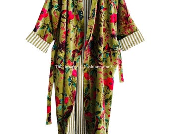 Handmade Green Bird Print Velvet Kimono Robe: Long Cotton Banyan Jacket