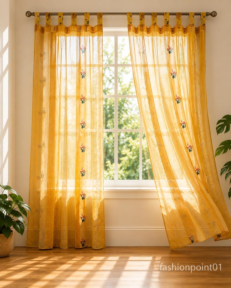 Indian Handmade Silk Sari Curtain Vintage Boho Window Drape Colorful Patchwork Panel Recycled Sari Home Decor Bohemian Yellow