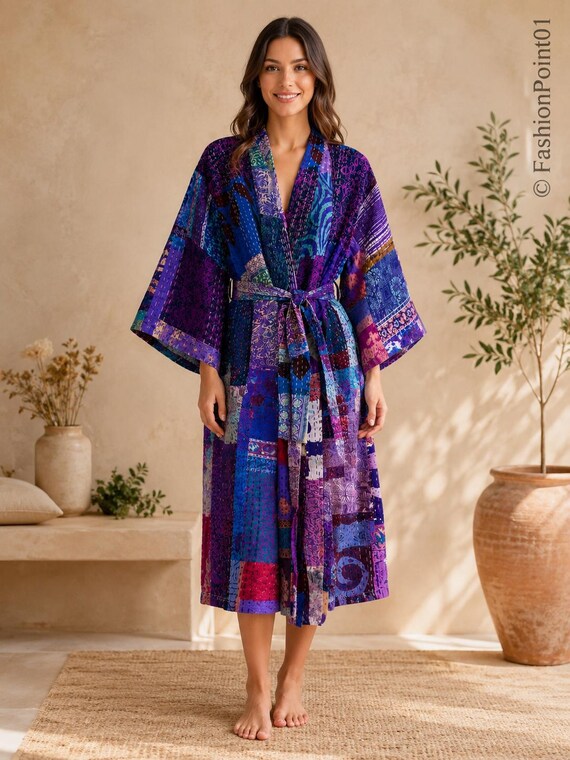 Vintage Silk Kantha Kimono Robe, Handmade Patchwork Robe, Boho Dressing Gown, Quilted Indian Cotton Jacket, Women's Spa Gift