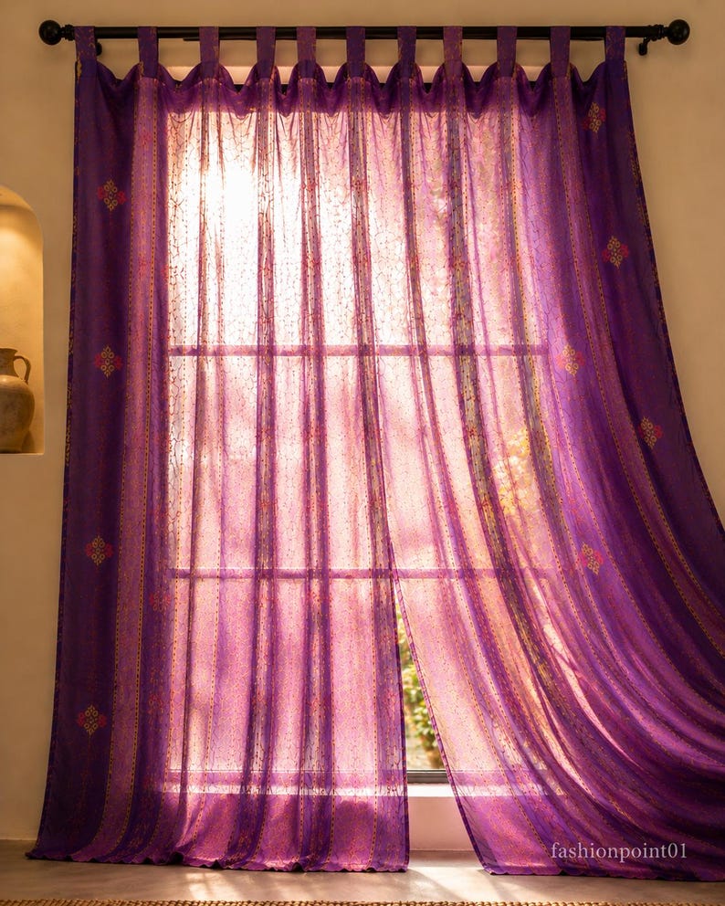 Vintage Silk Sari Curtain, Boho Window Curtain, Handmade Patchwork Curtain Panel, Indian Silk Window Treatment, Tab Top Door Curtain Purple