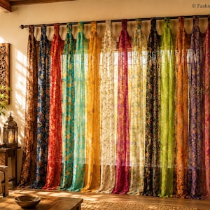 Puede incluir: Una serie de cortinas transparentes que llegan hasta el suelo, colgadas de una barra de metal oscuro. Cada panel presenta un color distinto, incluyendo marrón, azul, rojo, turquesa, amarillo, blanco, rosa, dorado, negro, verde, naranja y morado.