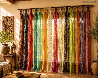 Handmade Vintage Silk Sari Curtain | Boho Patchwork Window Panel | Light Filtering Farmhouse Curtain | Colorful Drapes | Door Curtain