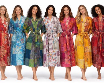 Handmade Patchwork Kimono Robe For women | Vintage Kantha cotton Bathrobe | Boho Dressing Gown | Floral Patchwork Lounge Wear gift